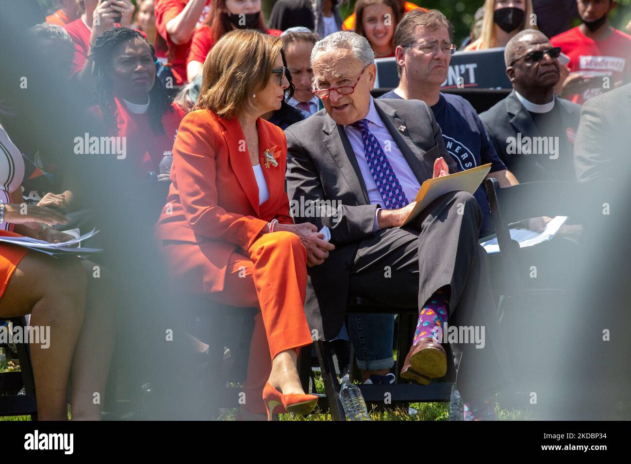 Speaker of the United States House of Representatives Nancy Pelosi speaks with Senate Majority Leader Chuck Schumer during a rally near the U.S. Capitol on June 8, 2022, calling for Congressional action on gun safety in the wake of continued mass shootings (Photo by Bryan Olin Dozier/NurPhoto) Stock Photo