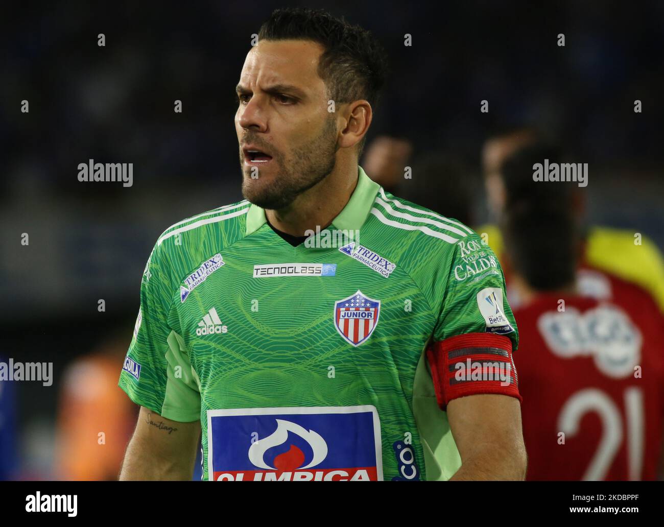 Junior's goalkeeper Sebastian Viera argues in the match during the BetPlay DIMAYOR I 2022 BetPlay League semifinal round of four played at Nemesio Camacho El Campin stadium in the city of Bogota, Colombia. The match ended 0-0 (Photo by Daniel Garzon Herazo/NurPhoto) Stock Photo