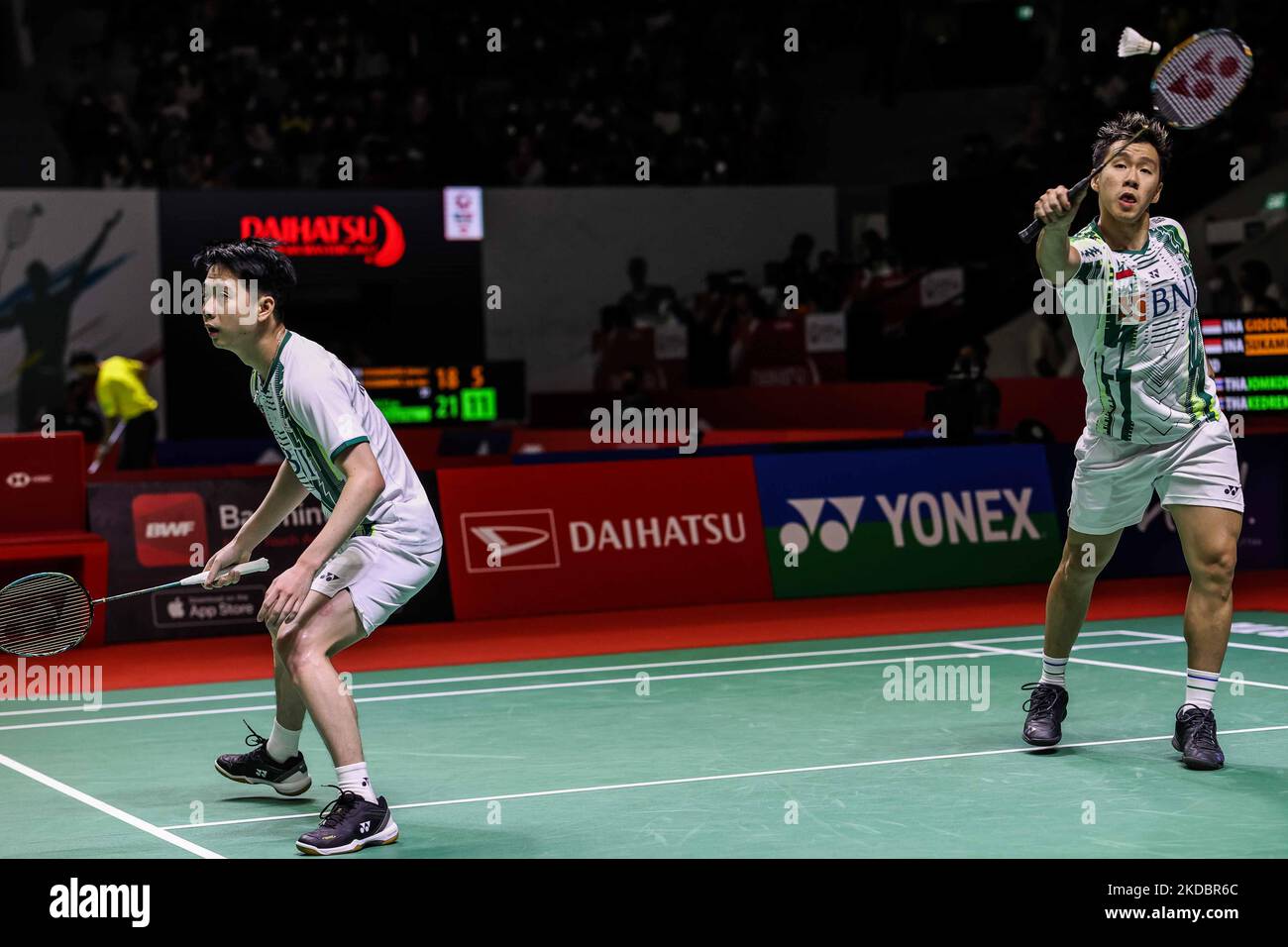 Marcus Fernaldi Gideon and Kevin Sanjaya Sukamuljo of Indonesia compete ...