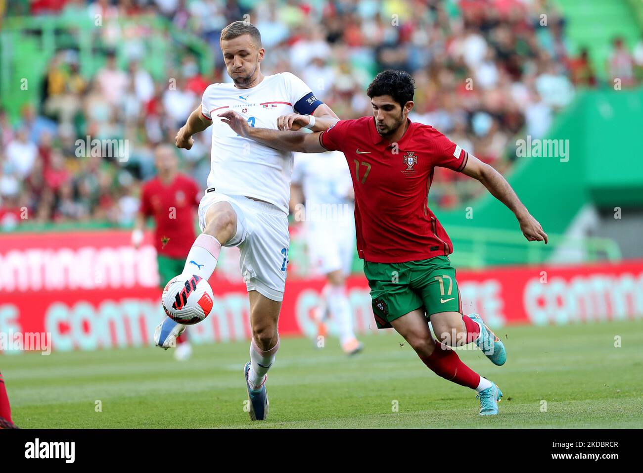 Tomas Soucek of Czech Republic vies with Goncalo Guedes of Portugal during the UEFA Nations League, league A group 2 match between Portugal and Czech Republic at the Jose Alvalade stadium in Lisbon, Portugal, on June 9, 2022. (Photo by Pedro FiÃºza/NurPhoto) Stock Photo