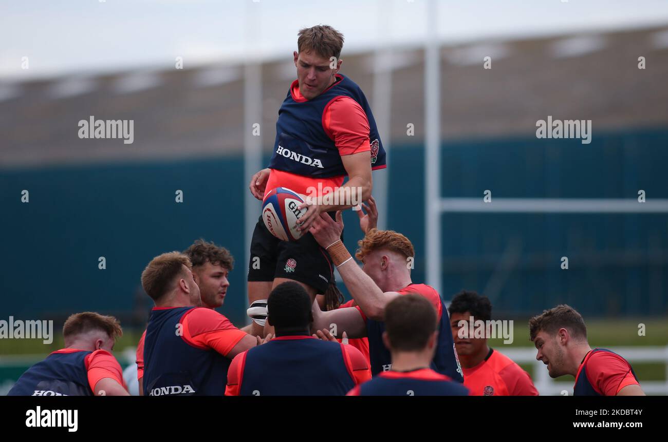 England’s Tom Lockett claims a line out during the England Rugby Under 20s training session at