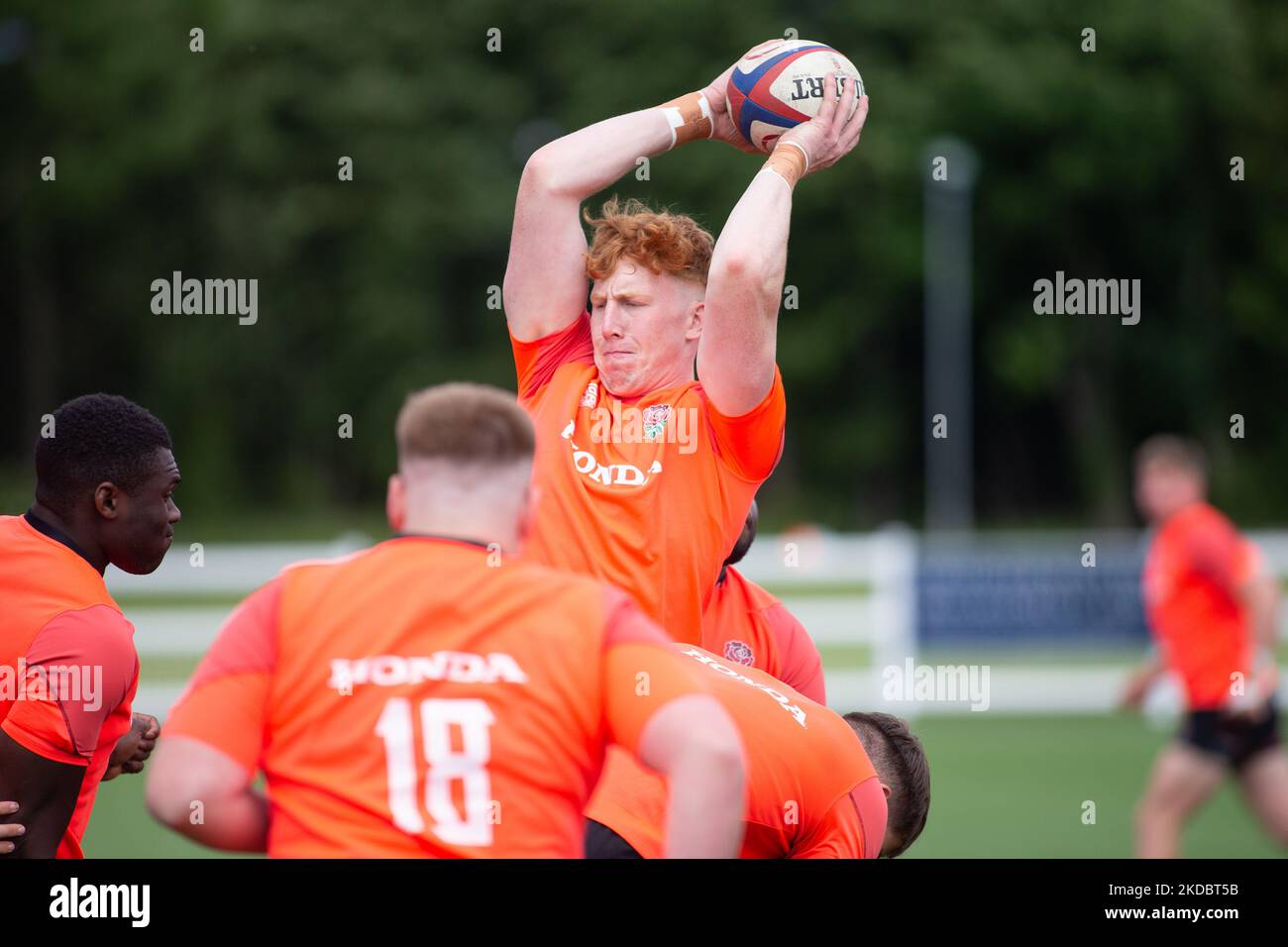 Alfie Bell claims a line out during the England Rugby Under 20s training session at Billingham