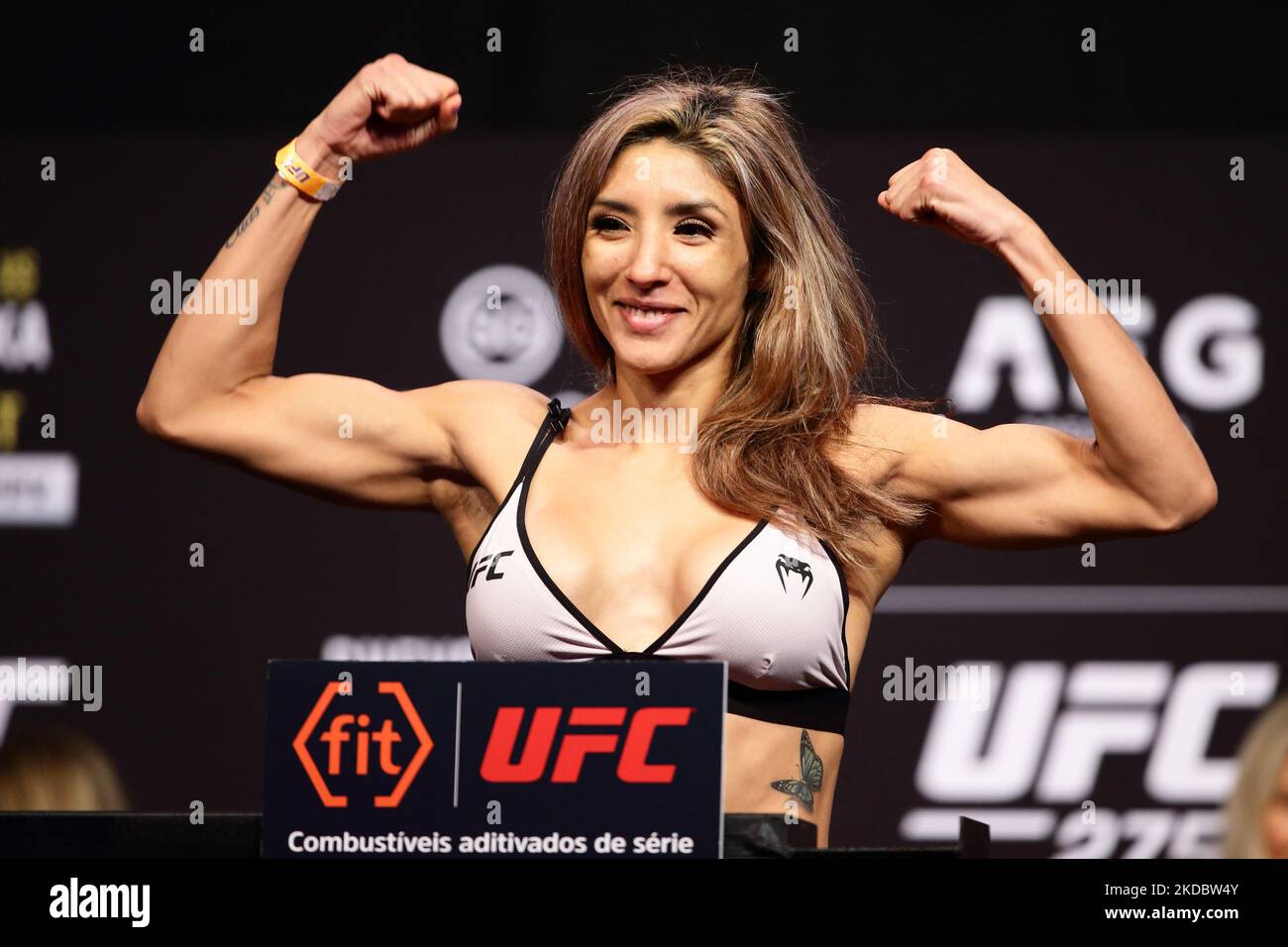 Silvana Gomez Juarez of Argentina reacts on the scale during the UFC 275 Weigh-Ins at Singapore Indoor Stadium on June 10, 2022 in Singapore. (Photo by Suhaimi Abdullah/NurPhoto) Stock Photo