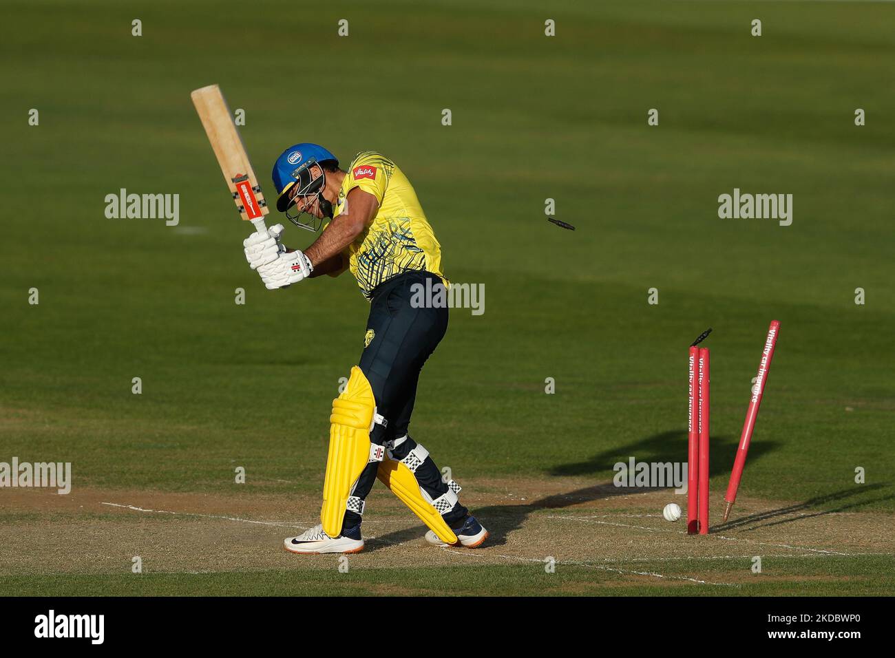 David Bedingham of Durham is bowled during the Vitality Blast T20 match between Durham County Cricket Club and Lancashire at the Seat Unique Riverside, Chester le Street on Friday 10th June 2022. (Photo by Will Matthews/MI News/NurPhoto) Stock Photo