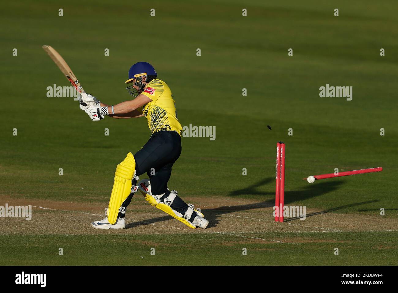 Ollie Robinson of Durham is bowled during the Vitality Blast T20 match between Durham County Cricket Club and Lancashire at the Seat Unique Riverside, Chester le Street on Friday 10th June 2022. (Photo by Will Matthews/MI News/NurPhoto) Stock Photo