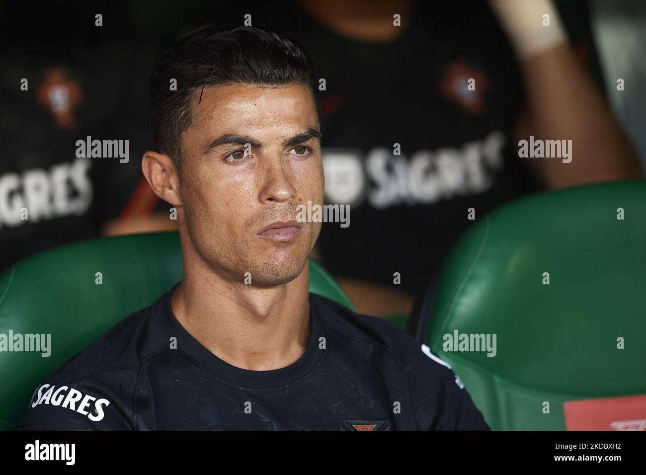 Cristiano Ronaldo (Manchester United) of Portugal sitting on the bench prior the UEFA Nations League League A Group 2 match between Spain and Portugal at Estadio Benito Villamarin on June 2, 2022 in Seville, Spain. (Photo by Jose Breton/Pics Action/NurPhoto) Stock Photo