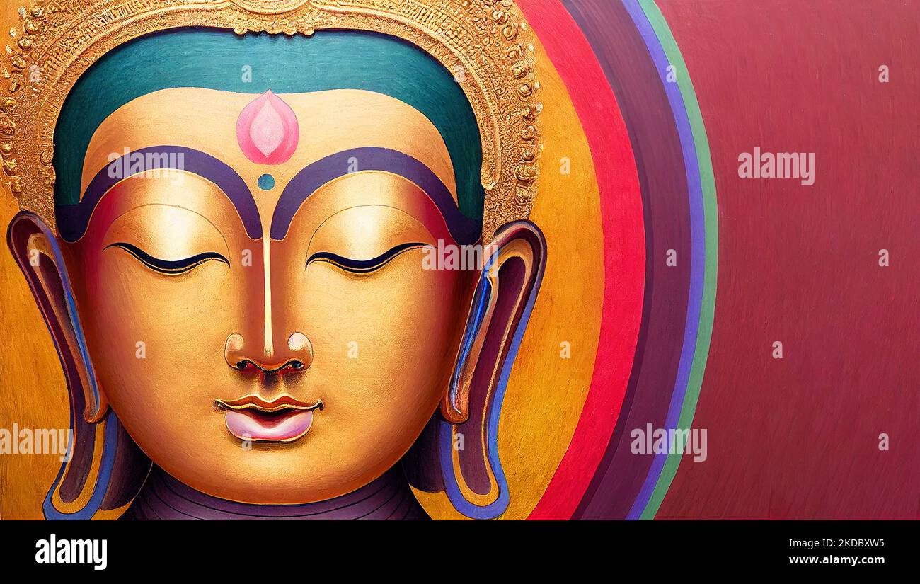 A digital illustration of a golden colorful Buddha face on a red background Stock Photo - Alamy A digital illustration of a golden colorful Buddha face on a red background Stock Photo - Alamy