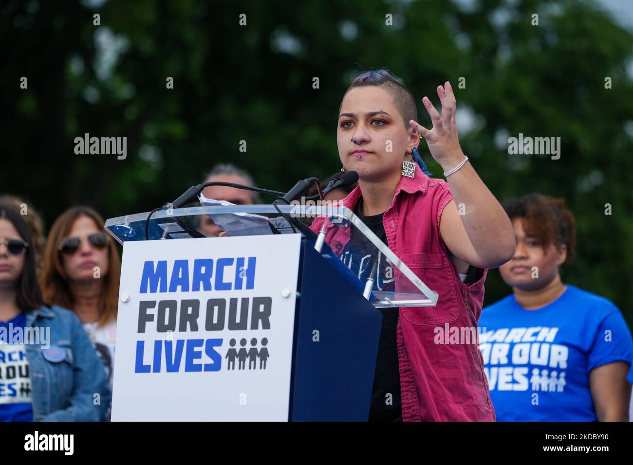 WASHINGTON, DC - JUNE 11: Gun control activist X Gonzalez speaks during a March for Our Lives rally against gun violence on the National Mall June 11, 2022 in Washington, DC. The March For Our Lives movement was spurred by the shooting at Marjory Stoneman Douglas High School in Parkland, Florida, in 2018. After recent mass shootings in Buffalo, New York and Uvalde, Texas, a bipartisan group of Senators continue to negotiate a potential compromise deal on gun violence and gun safety legislation. “Thousands of people in rain slickers and T-shirts poured into Washington Saturday to rally against  Stock Photo