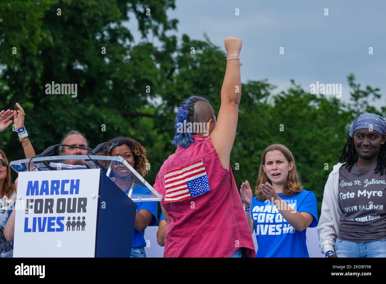 WASHINGTON, DC - JUNE 11: X Gonzalez speaks during March for Our Lives 2022 on June 11, 2022 in Washington, DC. “Thousands of people in rain slickers and T-shirts poured into Washington Saturday to rally against the nation’s epidemic of gun violence and to demand that Congress take steps to end it. They gathered on a gray morning on the Mall to join the rally staged by March for Our Lives, the organization founded by student survivors of the 2018 mass shooting at a high school in Parkland, Fla.” -Washington Post (Photo by John Nacion/NurPhoto) Stock Photo