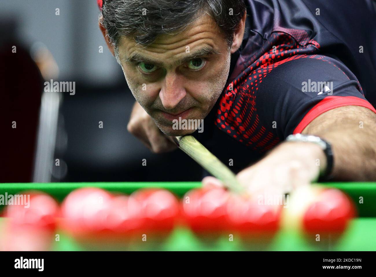 English professional snooker player and current World No.1 and seven-time world champion, Ronnie OSullivan in action during a practise demonstration at the Ronnie OSullivan Snooker Academy on June 13, 2022 in Singapore.