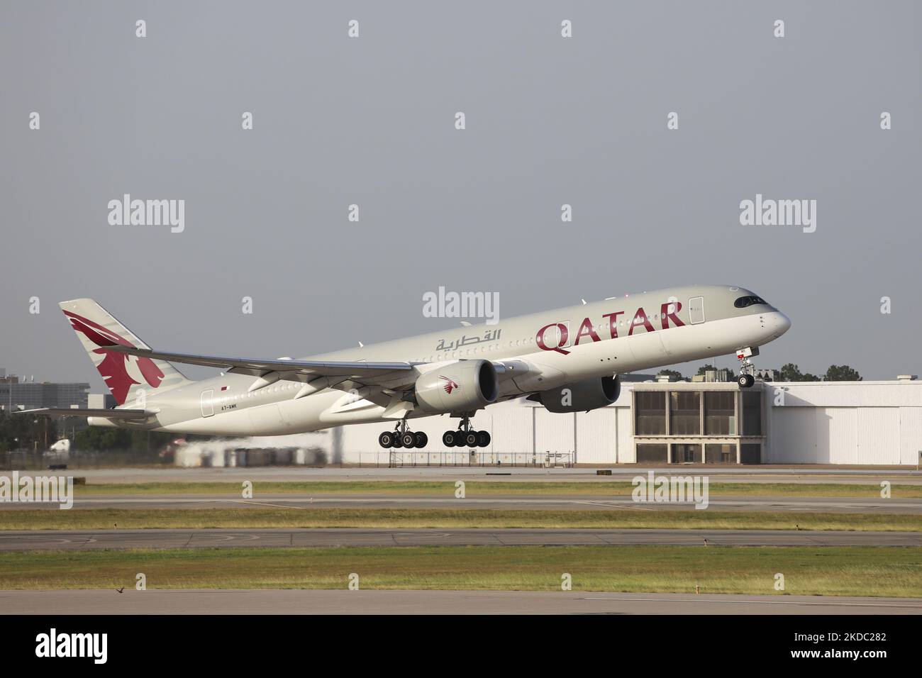 A Qatar Airways plane takes off from Bush Intercontinental Airpot in Houston, Texas on