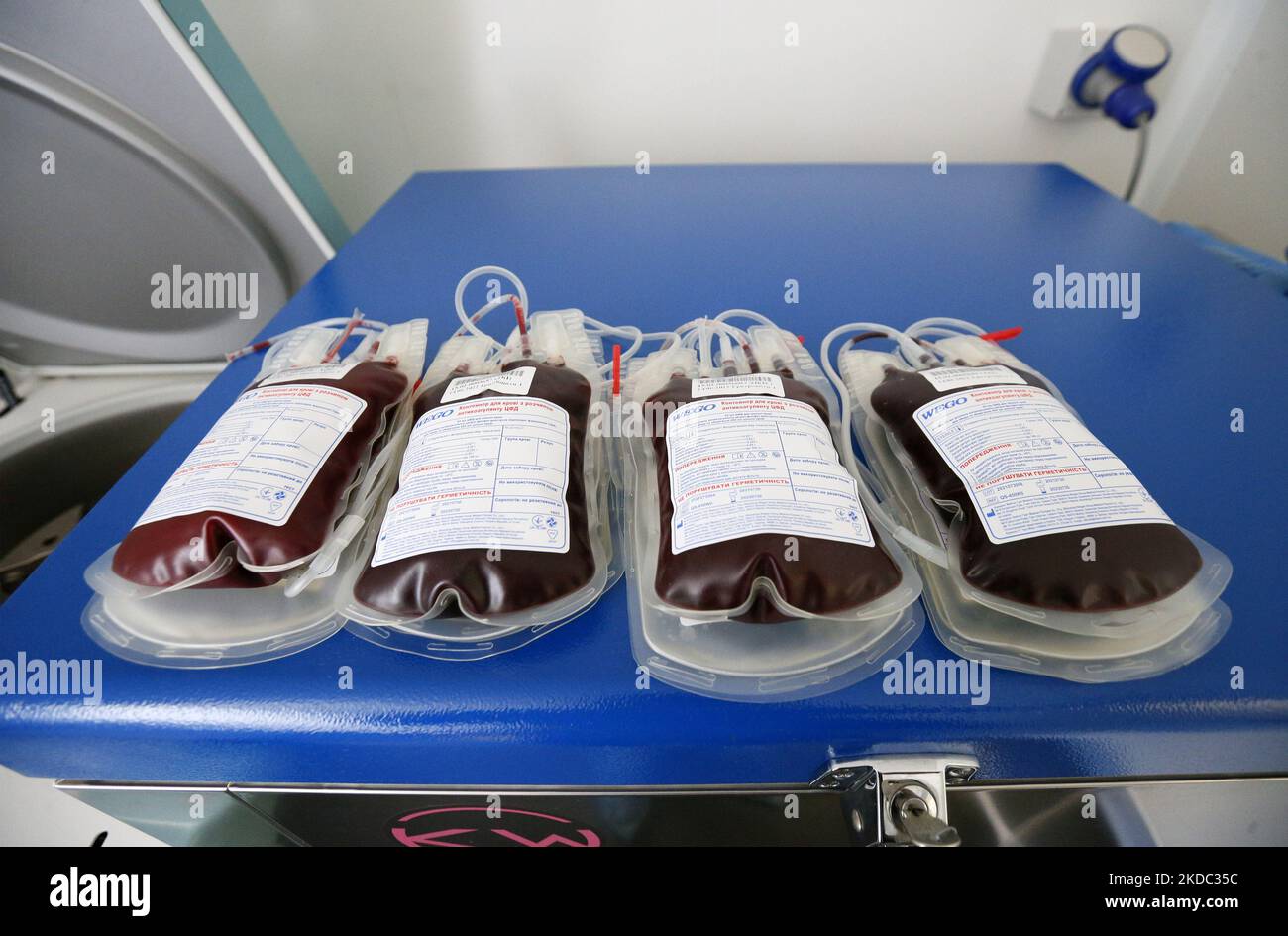 Blood containers are seen during the World Blood Donor Day (WBDD), at a