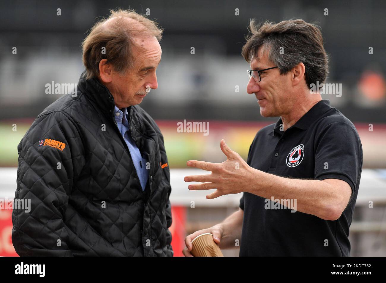 Chris Van Stratten and Mark Lemon (Team Manager) of Belle Vue ‘ATPI’ Aces during the SGB Premiership match between Belle Vue Aces and Wolverhampton Wolves at the National Speedway Stadium, Manchester on Monday 13th June 2022. (Photo by Eddie Garvey/MI News/NurPhoto) Stock Photo