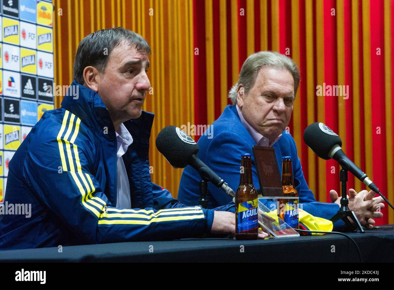 Colombia's federation of football soccer team unveils its new coach in replacement of Reinaldo Rueda in a press conference with new coach Nestor Lorenzo presented by Colombia's soccer team president Ramon Jesurun in Bogota, Colombia June 14, 2022. (Photo by Sebastian Barros/NurPhoto) Stock Photo