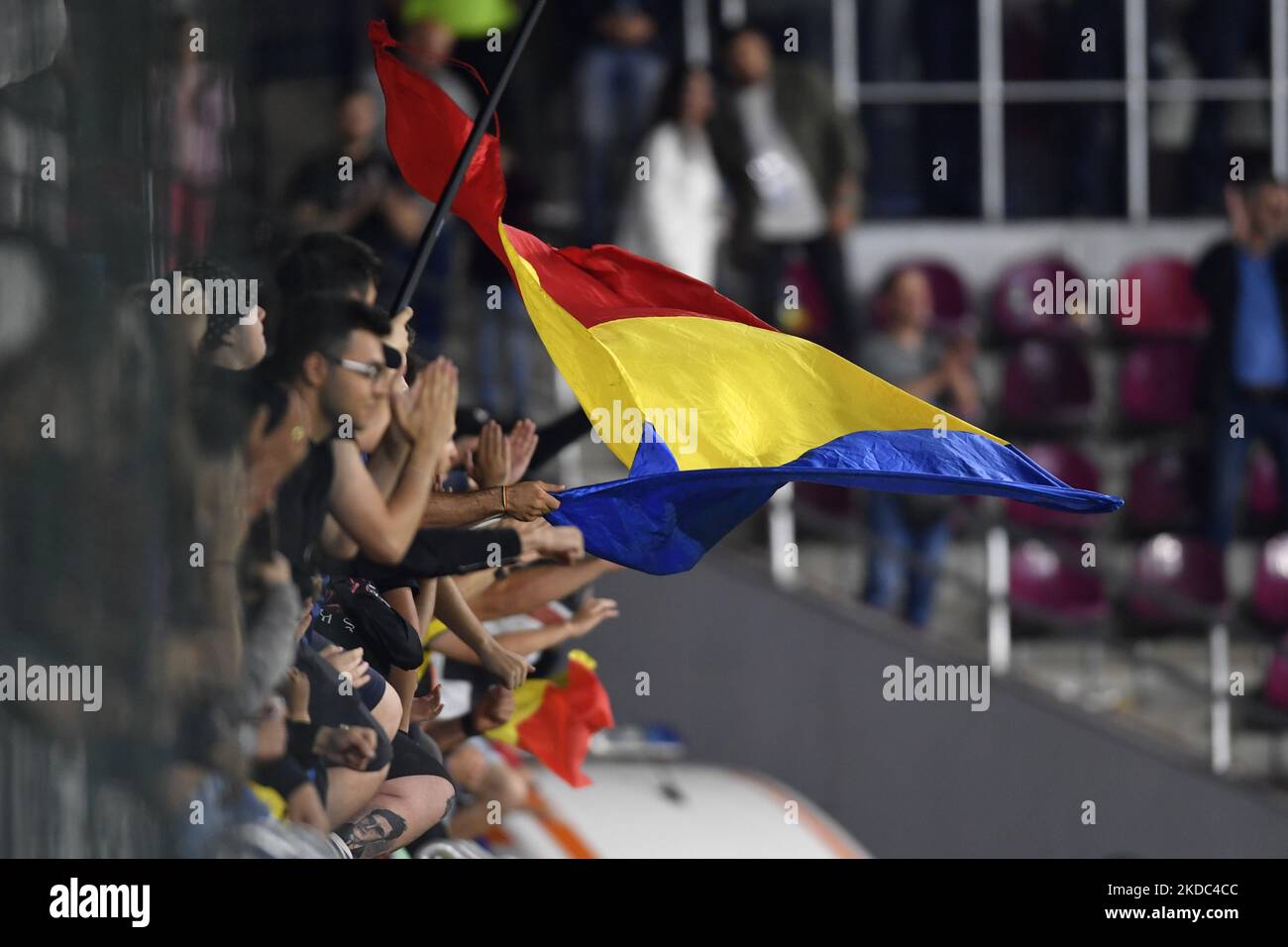 Romanian flag in action during the UEFA Nations League -League B Group 3 match between Romania and Finland at Rapid Giulesti Stadium on June 11, 2022 in Bucharest, Romania. (Photo by Alex Nicodim/NurPhoto) Stock Photo
