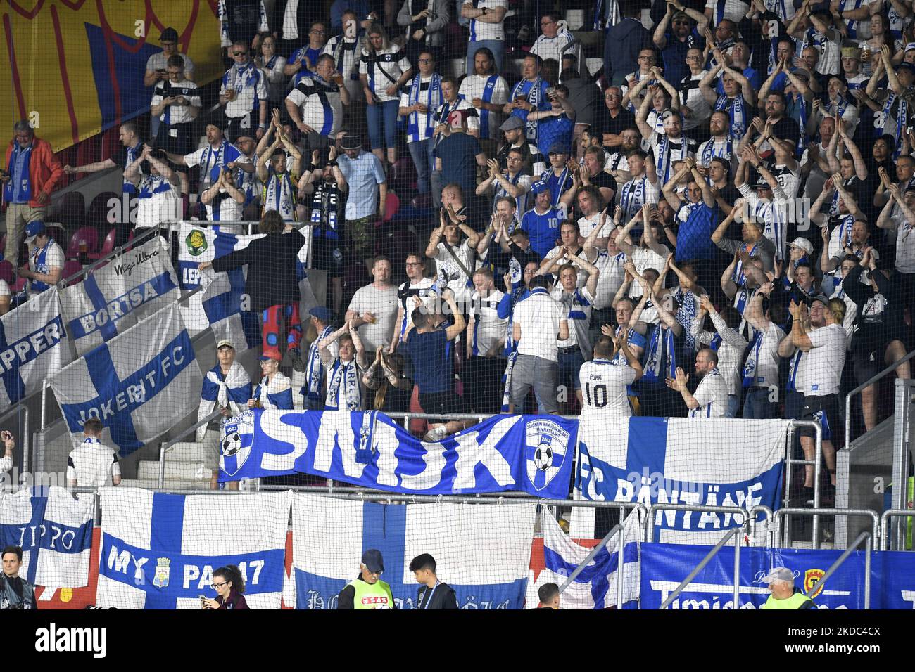 Finland fans in action during the UEFA Nations League -League B Group 3 match between Romania and Finland at Rapid Giulesti Stadium on June 11, 2022 in Bucharest, Romania. (Photo by Alex Nicodim/NurPhoto) Stock Photo