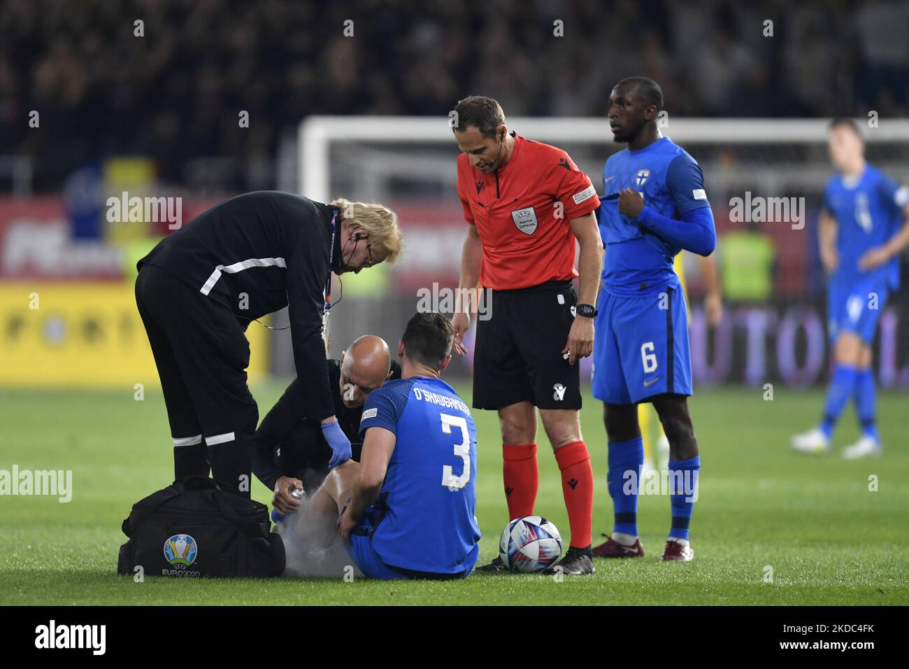 Daniel O'Shaughnessy injured in action during the UEFA Nations League -League B Group 3 match between Romania and Finland at Rapid Giulesti Stadium on June 11, 2022 in Bucharest, Romania. (Photo by Alex Nicodim/NurPhoto) Stock Photo