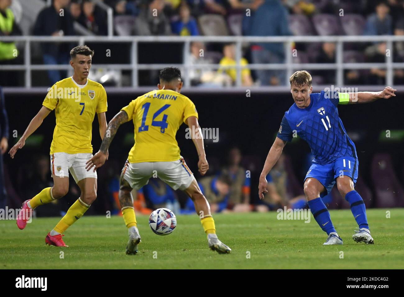 Rasmus Schuller and Octavian Popescu in action during the UEFA Nations League -League B Group 3 match between Romania and Finland at Rapid Giulesti Stadium on June 11, 2022 in Bucharest, Romania. (Photo by Alex Nicodim/NurPhoto) Stock Photo