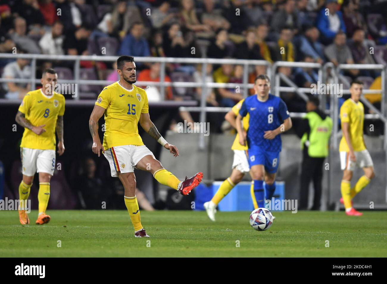 Andrei Burc? in action during the UEFA Nations League -League B Group 3 match between Romania and Finland at Rapid Giulesti Stadium on June 11, 2022 in Bucharest, Romania. (Photo by Alex Nicodim/NurPhoto) Stock Photo