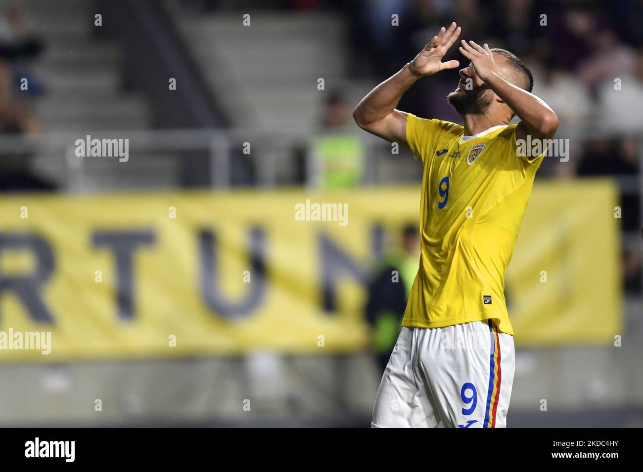 George Puscas in action during the UEFA Nations League -League B Group 3 match between Romania and Finland at Rapid Giulesti Stadium on June 11, 2022 in Bucharest, Romania. (Photo by Alex Nicodim/NurPhoto) Stock Photo