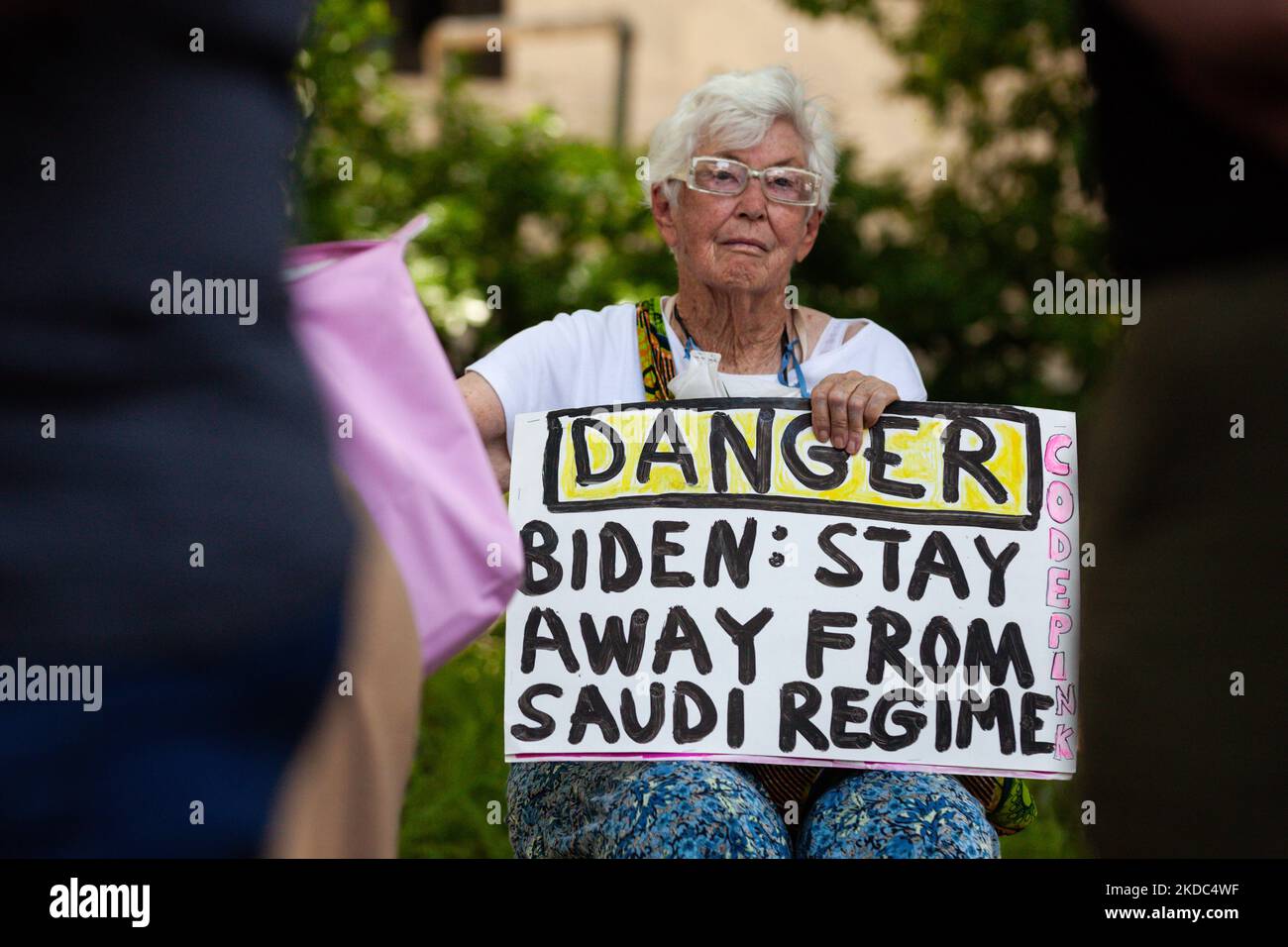 A protester with CODEPINK attends the designation of Jamal Khashoggi Way in front of the Saudi Arabian embassy in Washington, DC. Khashoggi was a Saudi citizen and dissident journalist and was a regular contributor at the Washington Post. He was murdered and dismembered at the Saudi consulate in Istanbul, Turkey, on October 2, 2018. It is widely believed that his murder was ordered by Saudi Crown Prince Mohammed bin Salman. (Photo by Allison Bailey/NurPhoto) Stock Photo