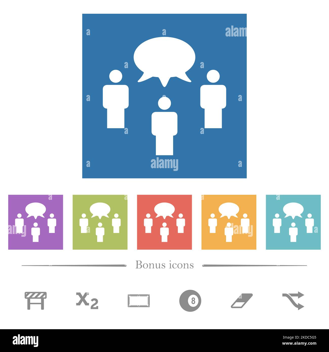 Three talking persons with oval bubble solid flat white icons in square ...