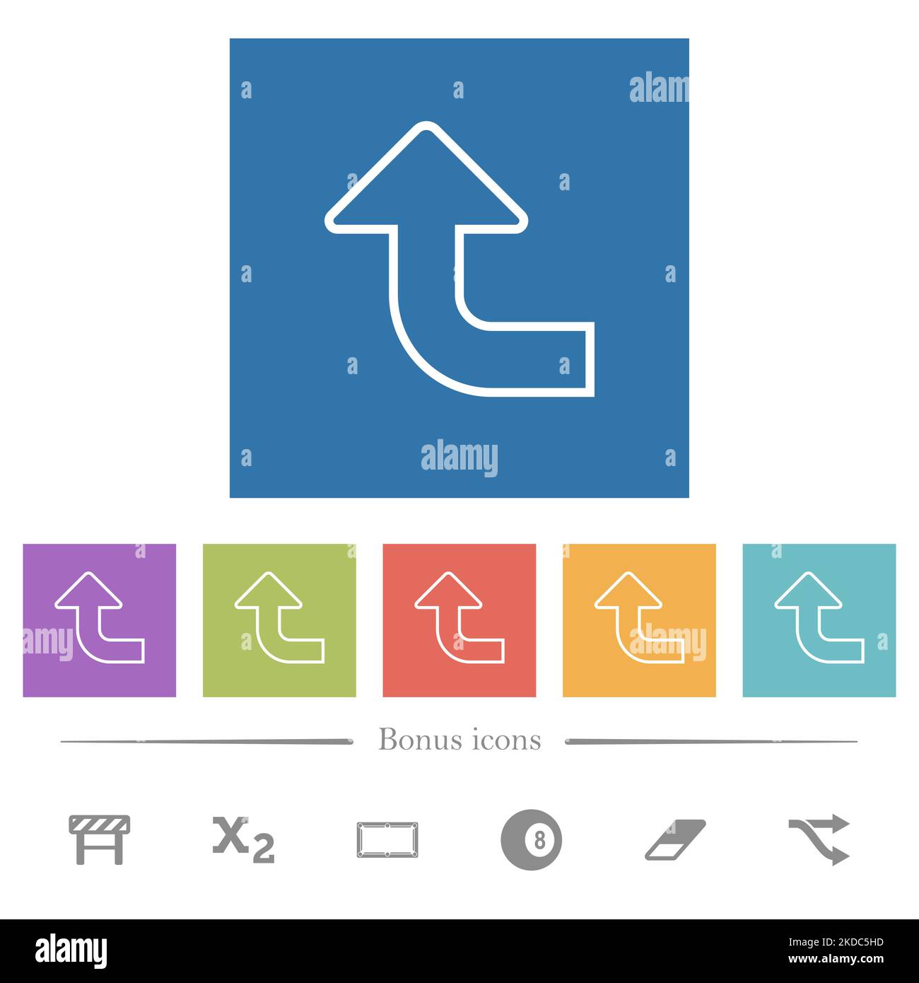 Left top side turn arrow outline flat white icons in square backgrounds ...