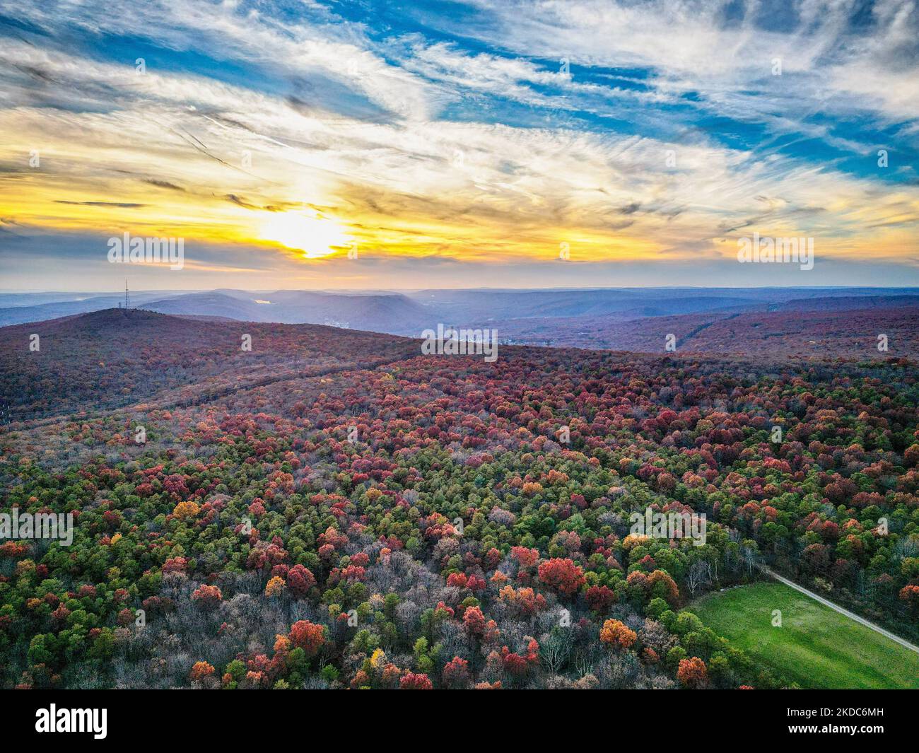 An aerial view of an autumn forest during sunset Stock Photo - Alamy