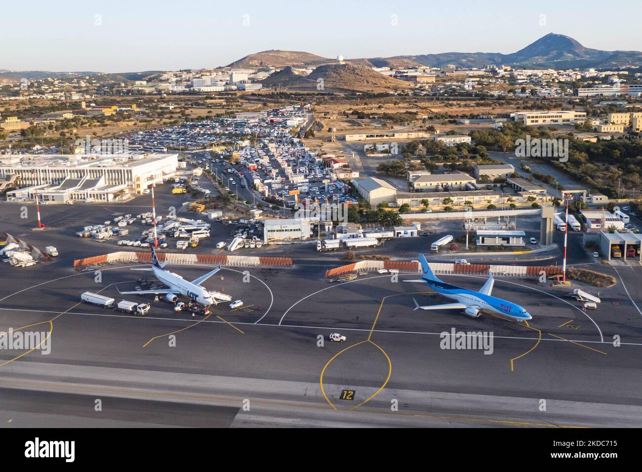 Aerial view of Heraklion airport with a LOT Polish Airlines and a TUI