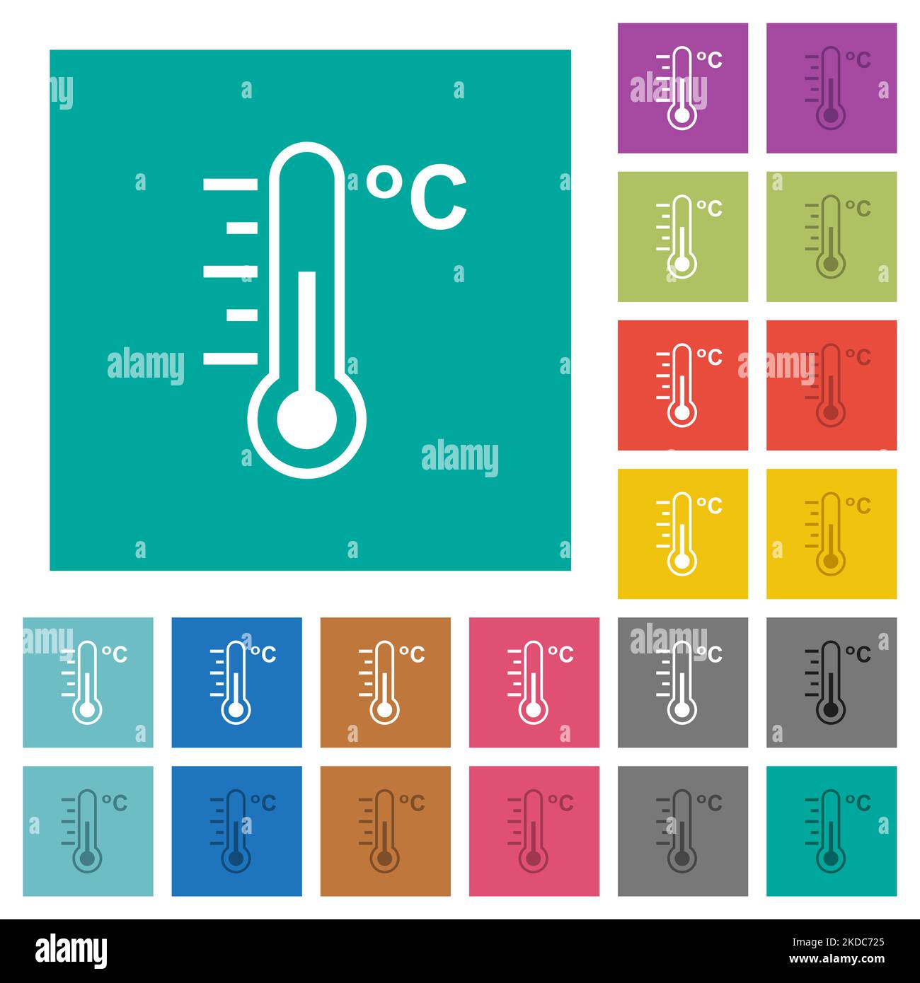 Celsius thermometer medium temperature multi colored flat icons on plain square backgrounds. Included white and darker icon variations for hover or ac Stock Vector