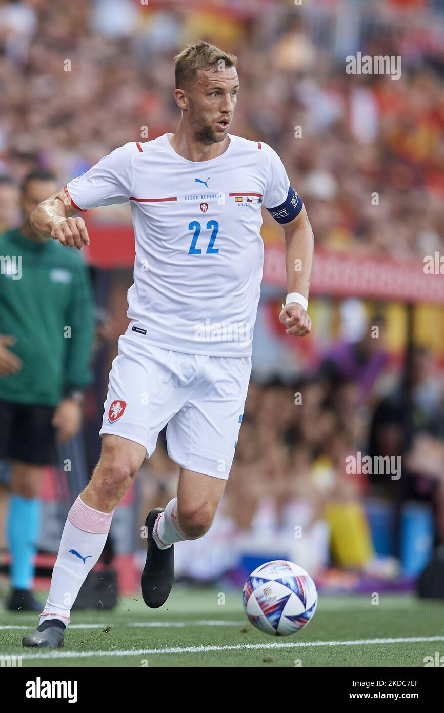 Tomas Soucek (West Ham United) of Czech Republic controls the ball during the UEFA Nations League League A Group 2 match between Spain and Czech Republic at La Rosaleda Stadium on June 12, 2022 in Malaga, Spain. (Photo by Jose Breton/Pics Action/NurPhoto) Stock Photo