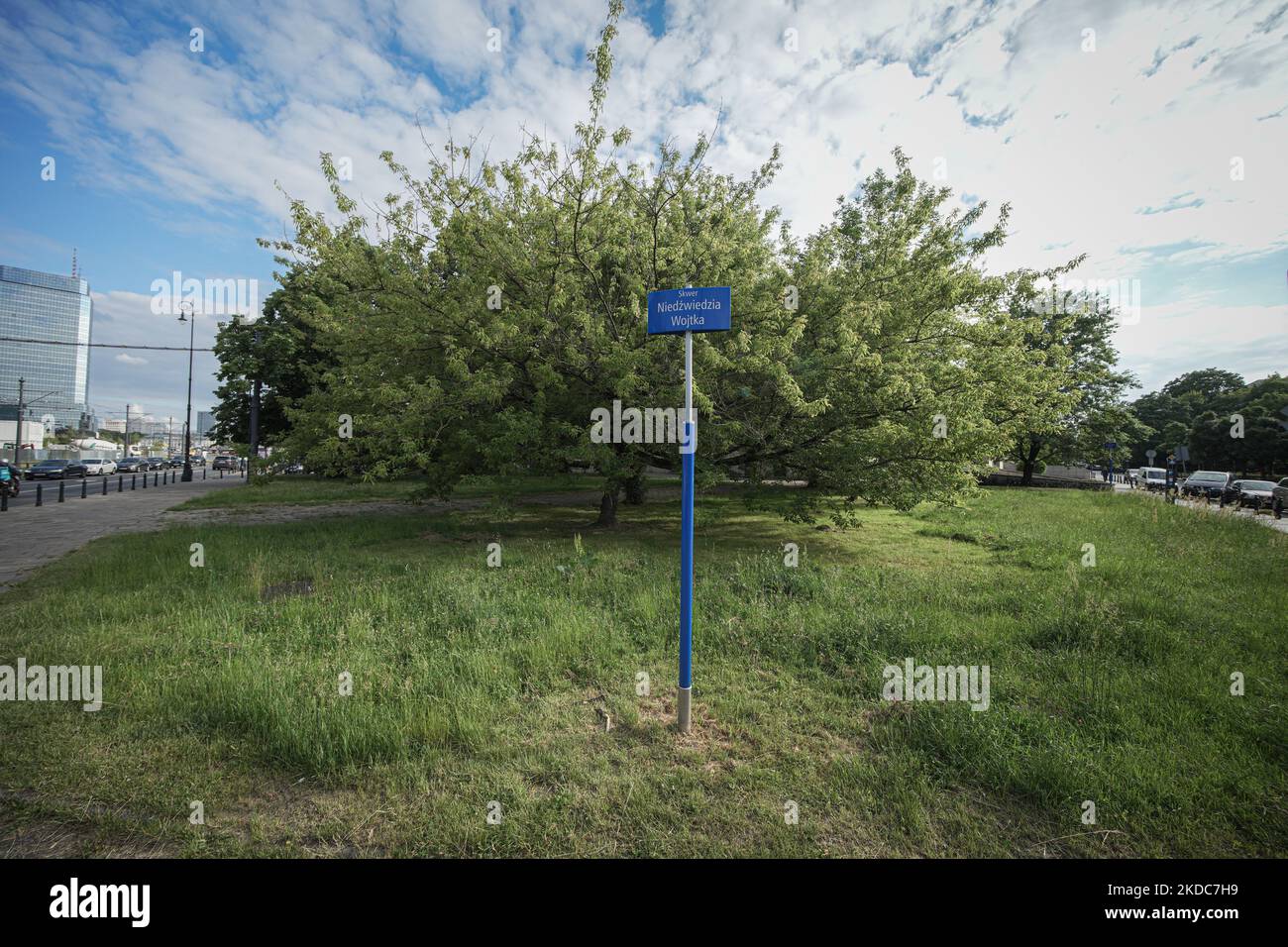 A sign is seen in the 'Skwer Niedzwiedzia Wojtka' or 'Bear Wojtek Square' in central Warsaw, Poland on 14 June, 2022. Bear Wojtek was a Syrian brown bear enlisted into the Polish army during the Second World War. After the war Wojtek spent his days in the Edinburgh Zoo and was a frequent guest on BBC's Blue Peter children's program. (Photo by STR/NurPhoto) Stock Photo