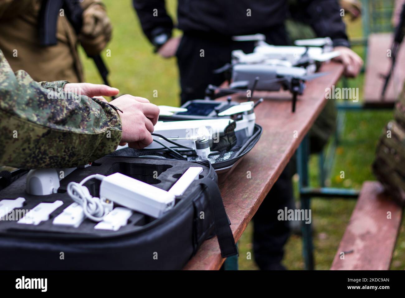 military exercises at the base for recruits. study of the work of a reconnaissance drone. reportage shooting Stock Photo