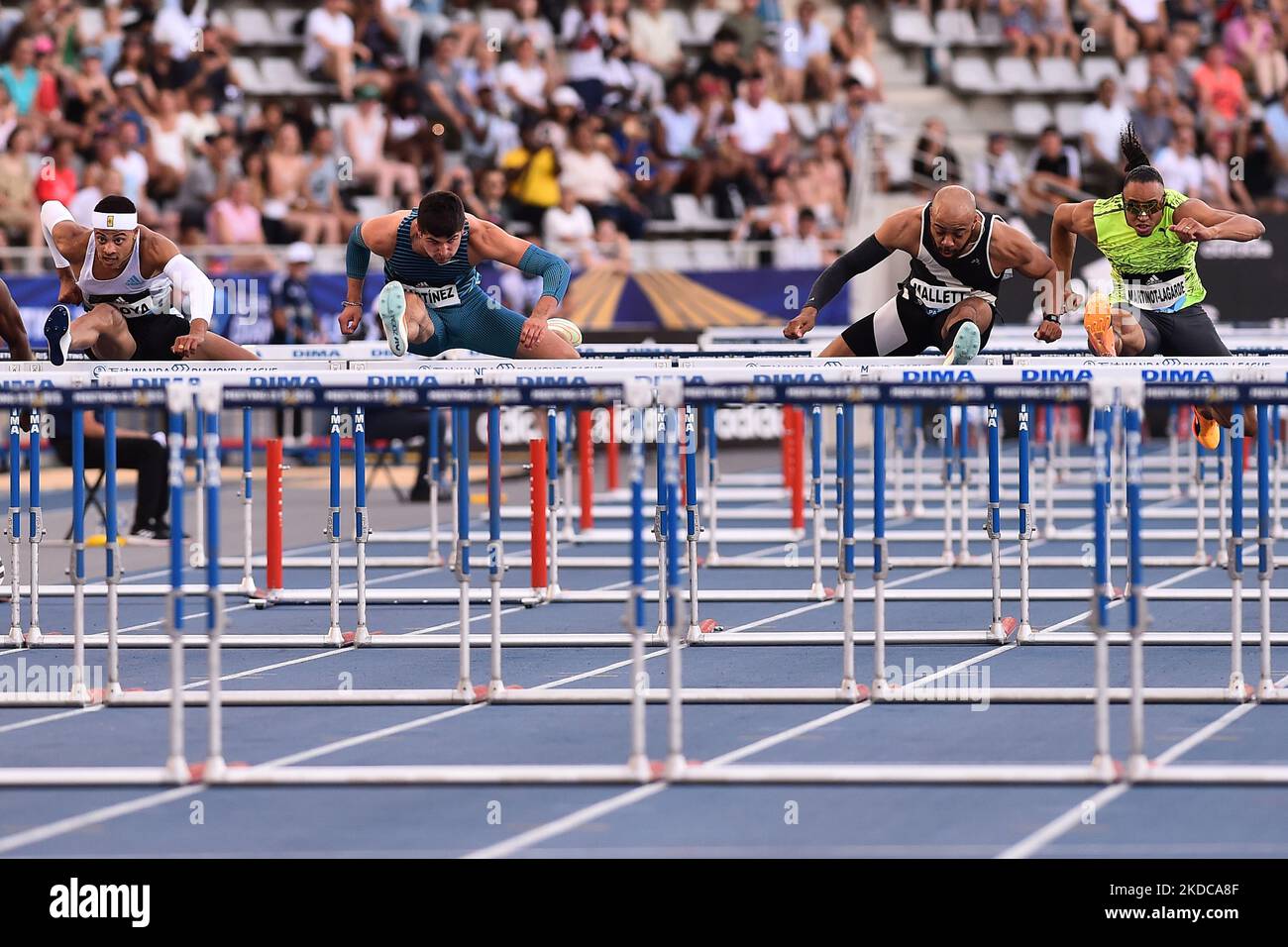 Sasha Zhoya of France, Asier Martinez of Spain, Aaron Mallett of United States of America, Pascal Martinot-Lagarde of France compete in 110hs meters men during the IAAF Wanda Diamond League: Meeting the Paris at Stade Charlety on June 18, 2022 in Paris, France (Photo by Michele Maraviglia/NurPhoto) Stock Photo