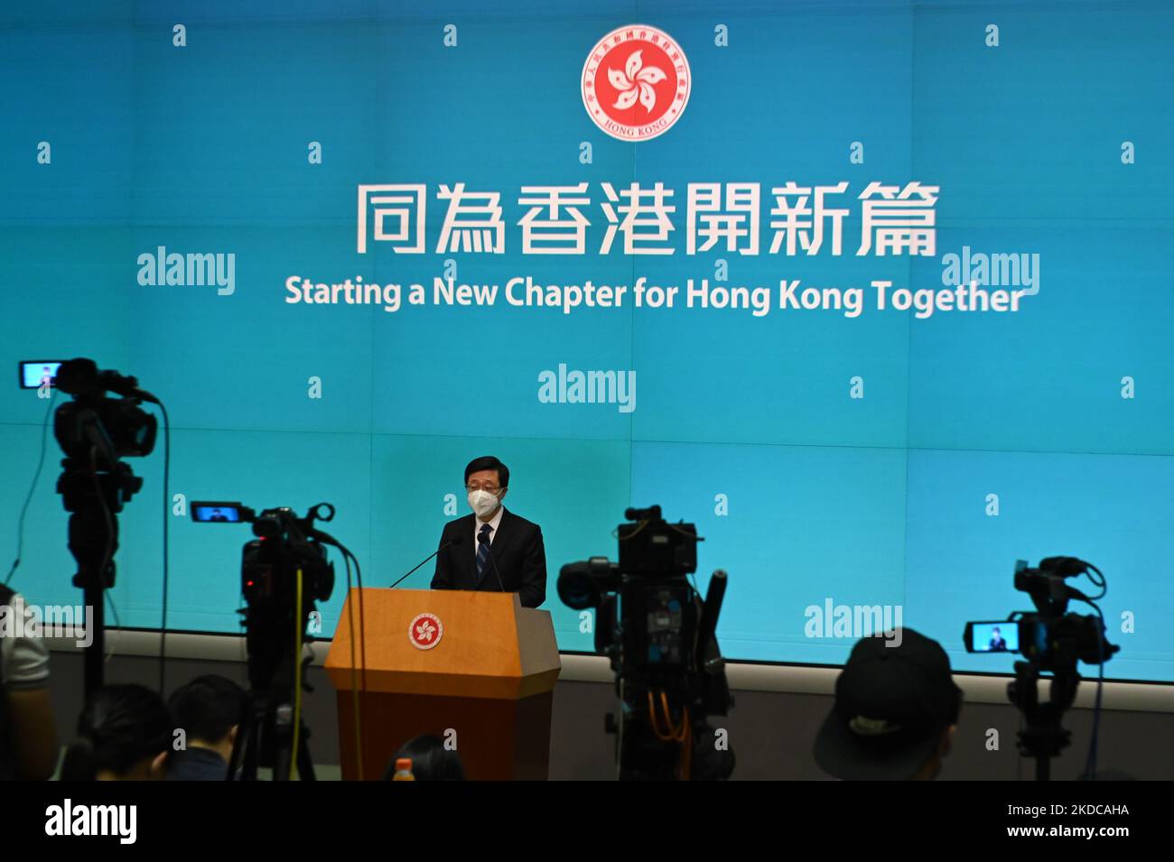 The Next Chief Executive of Hong Kong, John Lee speaking during a press conference inside the Central Government Office on June 19, 2022 in Hong Kong, China. Today the State Council in Beijing appointed the Principal Officials of John Lee’s Cabinet. (Photo by Vernon Yuen/NurPhoto) Stock Photo