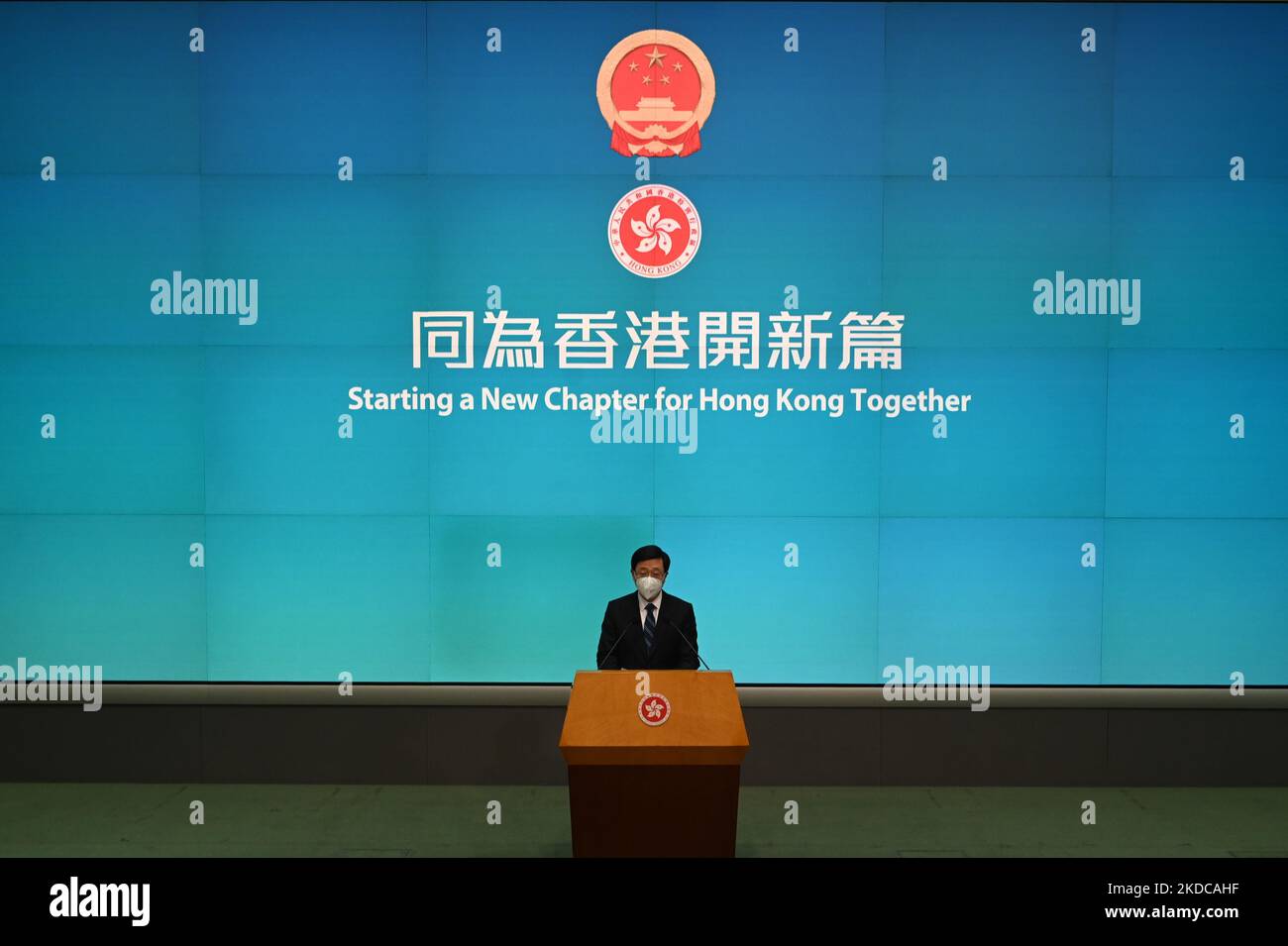 The Next Chief Executive of Hong Kong, John Lee speaking during a press conference inside the Central Government Office on June 19, 2022 in Hong Kong, China. Today the State Council in Beijing appointed the Principal Officials of John Lee’s Cabinet. (Photo by Vernon Yuen/NurPhoto) Stock Photo
