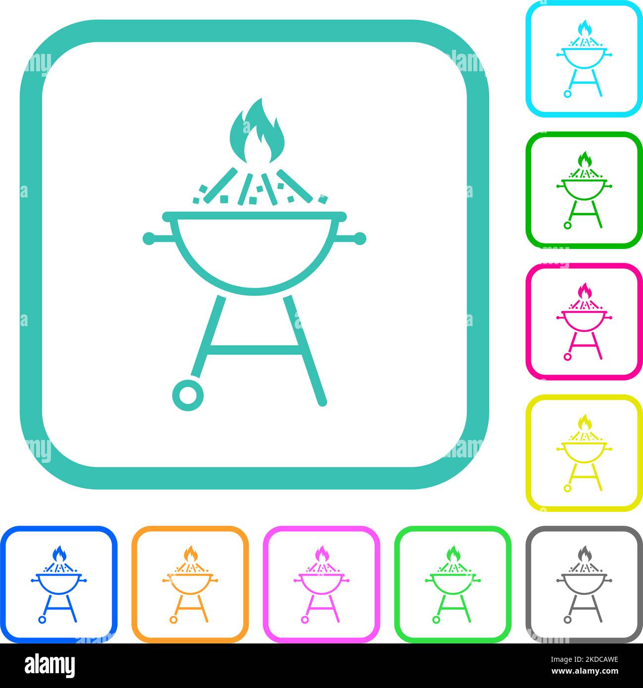 Burning barbecue grill outline vivid colored flat icons in curved