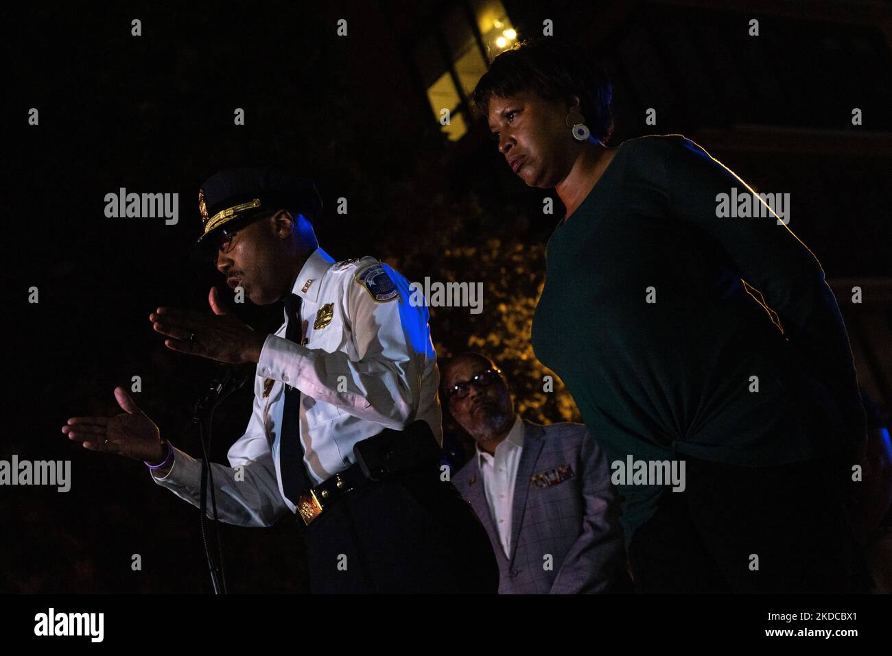 Robert J. Contee III, Chief of the Metropolitan Police Department speaks at a press conference with Mayor Muriel Bowser, right, after 4 people were shot at the end of the Moechella concert at 14th and U Streets in Washington, D.C. on June 19, 2022. One of those shot was a DC police officer and a 15 year-old male was killed in the shooting. (Photo by Bryan Olin Dozier/NurPhoto) Stock Photo