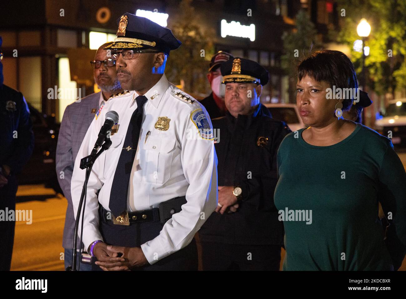 Robert J. Contee III, Chief of the Metropolitan Police Department speaks at a press conference with Mayor Muriel Bowser, right, after 4 people were shot at the end of the Moechella concert at 14th and U Streets in Washington, D.C. on June 19, 2022. One of those shot was a DC police officer and a 15 year-old male was killed in the shooting. (Photo by Bryan Olin Dozier/NurPhoto) Stock Photo