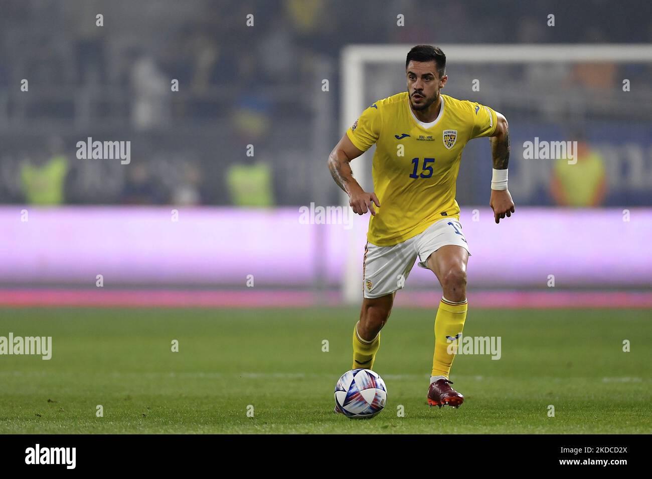 Andrei Burca in action during the UEFA Nations League -League B Group 3 match between Romania and Montenegro at Rapid Giulesti Stadium on June 14, 2022 in Bucharest, Romania. (Photo by Alex Nicodim/NurPhoto) Stock Photo