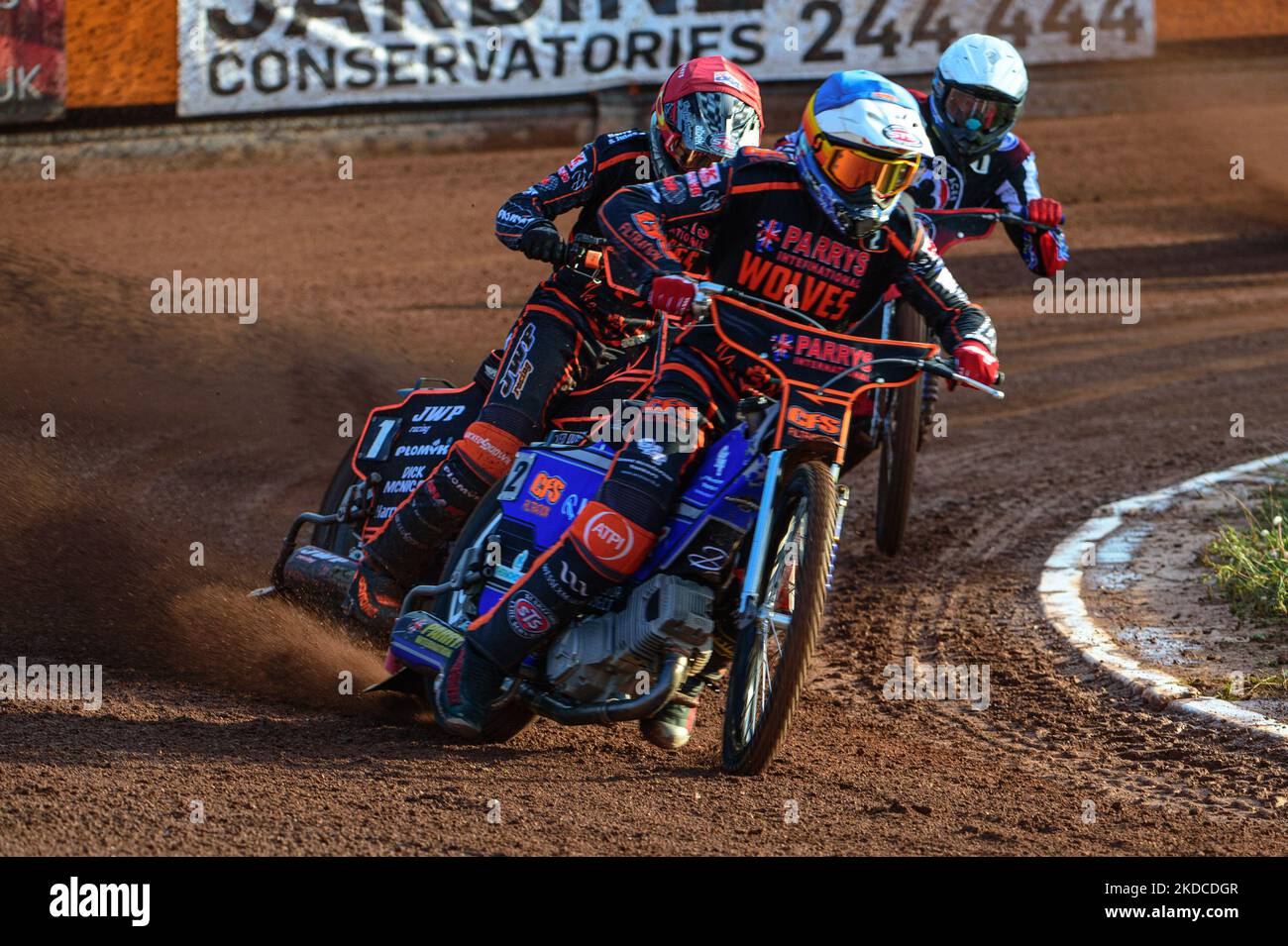 Steve Worrall (Blue) leads Sam Masters (Red) and Matej Zagar (White