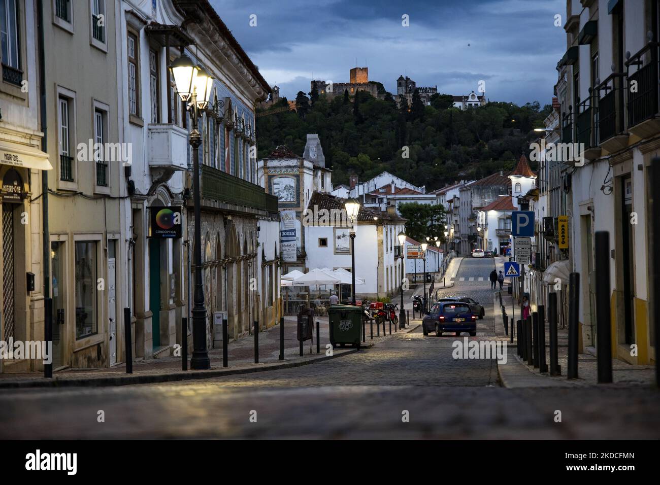 View on the Rua Marques de Pombal and Castle in Tomar, Portugal on June ...