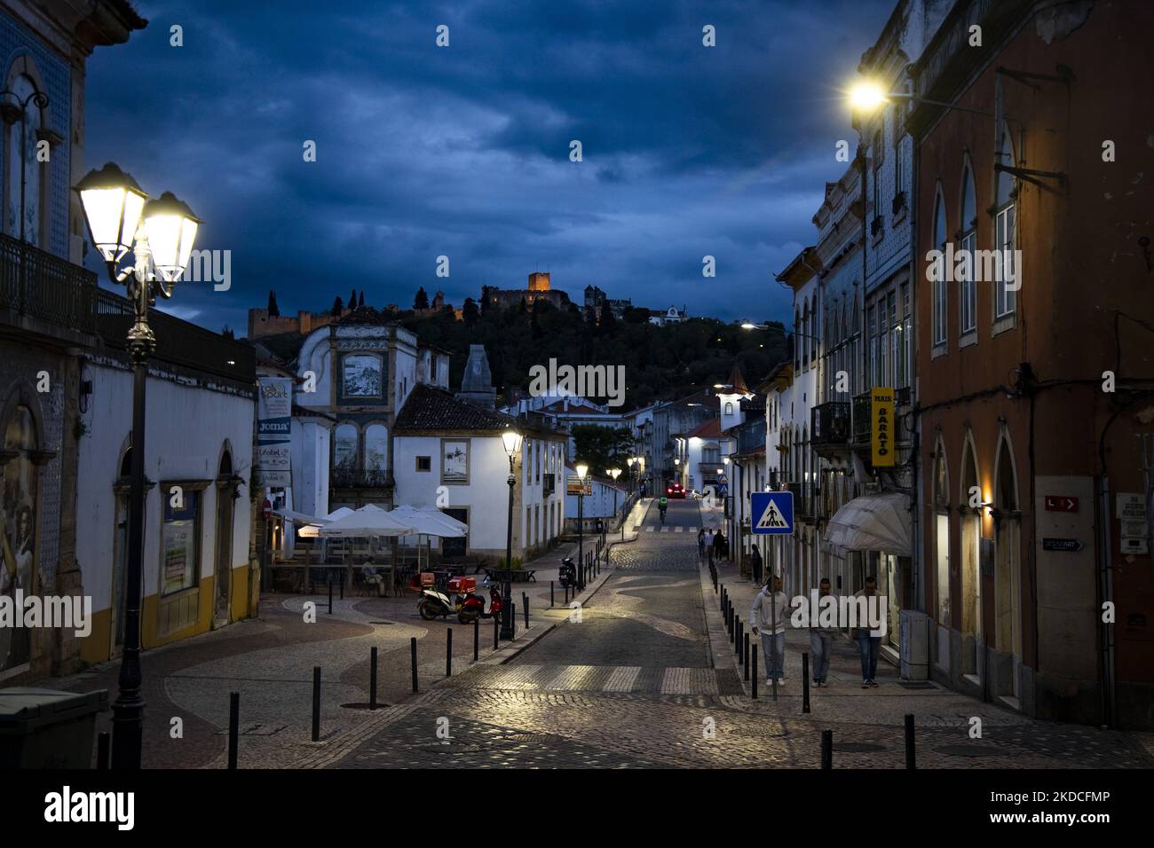 View on the Rua Marques de Pombal and Castle in Tomar, Portugal on June ...