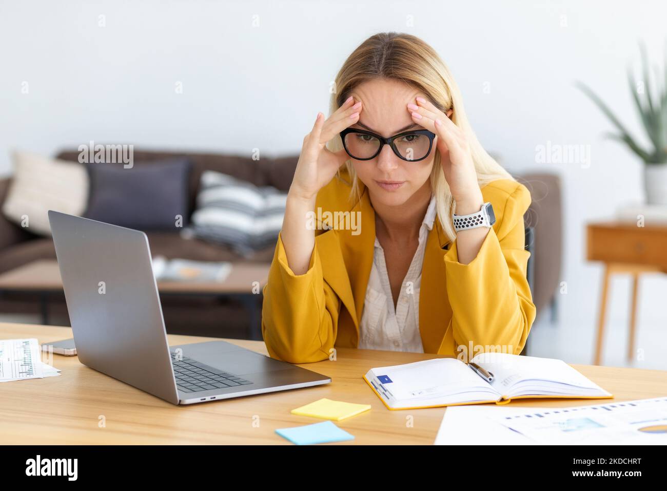 Tired stressed caucasian businesswoman having headache, feeling sick, pain, depression, overwork concept Stock Photo