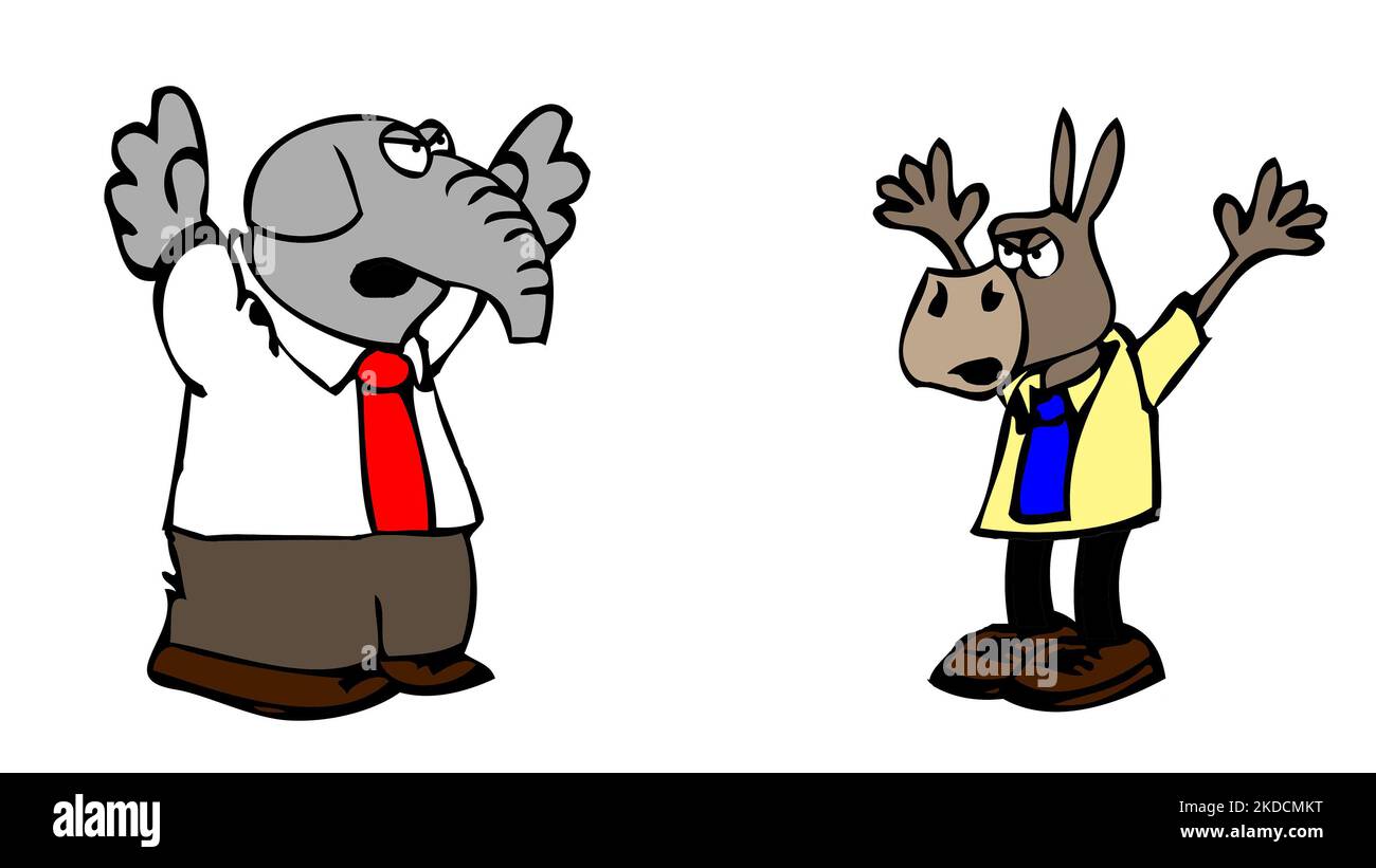 cartoon illustration of republican elephant mascot and democratic donkey mascot arguing Stock Photo