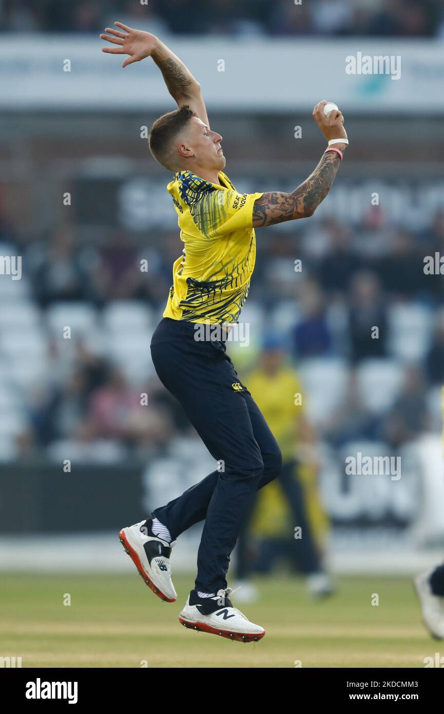 Brydon Carse of Durham bowls during the Vitality T20 Blast match between Durham County Cricket Club and Nottinghamshire at the Seat Unique Riverside, Chester le Street on Friday 24th June 2022. (Photo by Will Matthews/MI News/NurPhoto) Stock Photo