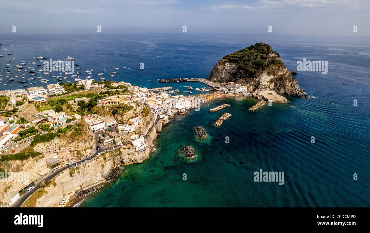 A drone view of the famous and picturesque village of Sant'Angelo in Ischia, Italy, on June 25, 2022. (Photo by Manuel Romano/NurPhoto) Stock Photo