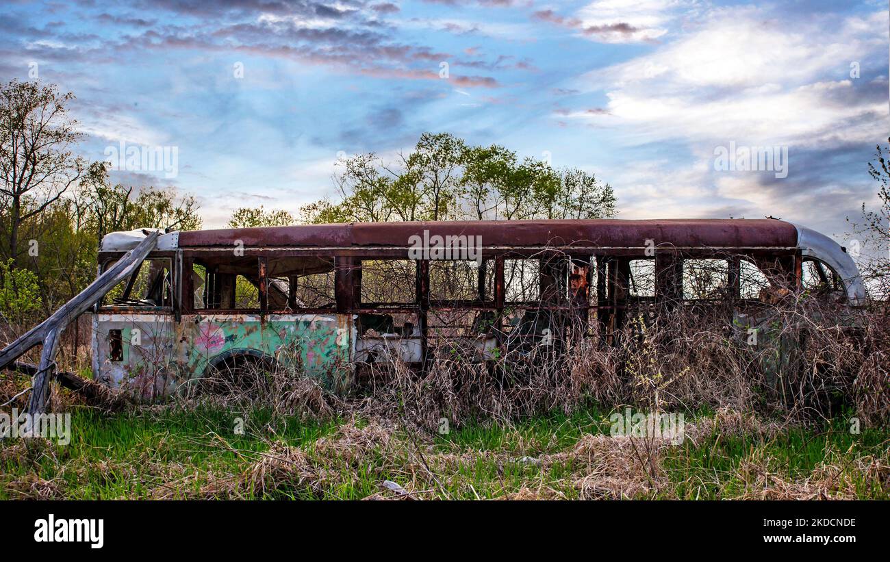An abandoned old bus sits rusting in the weeds of a rural field under a ...