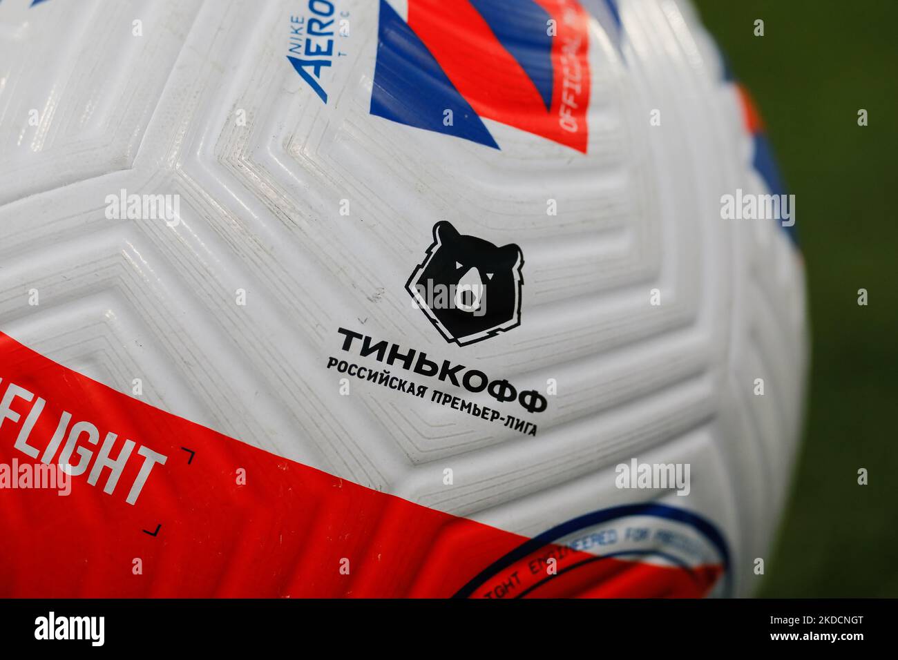 Russian Premier League logo is seen on the official ball of the tournament  during the PARI Premier Cup preseason tournament match between Zenit St.  Petersburg and Sochi on June 25, 2022 at