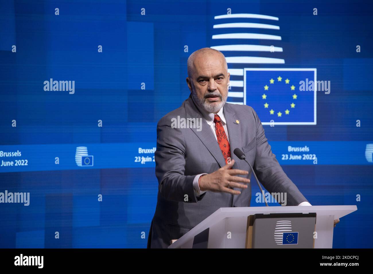 Edi Rama Prime Minister of Albania as seen talking to the media and journalists at a press conference after the EU - Western Balkan summit with the main topic the enlargement of European Union on the Western Balkans. The EU expansion negotiations failed for the six Balkan countries of Albania, Bosnia, Kosovo, Montenegro, North Macedonia and Serbia but Ukraine and Moldova have both been accepted with the status of EU candidate members. EU - Western Balkan Leader's meeting on 23 June 2022, ahead of the European Council summit in Brussels, Belgium. (Photo by Nicolas Economou/NurPhoto) Stock Photo